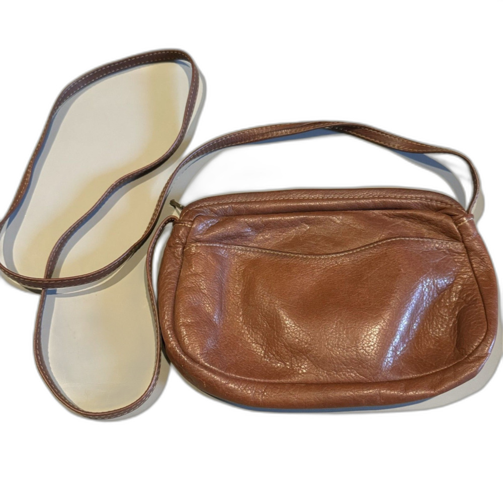 Vintage Leather Crossbody Bag Brown Soft Pebbled Zip Top Purse Festival Boho